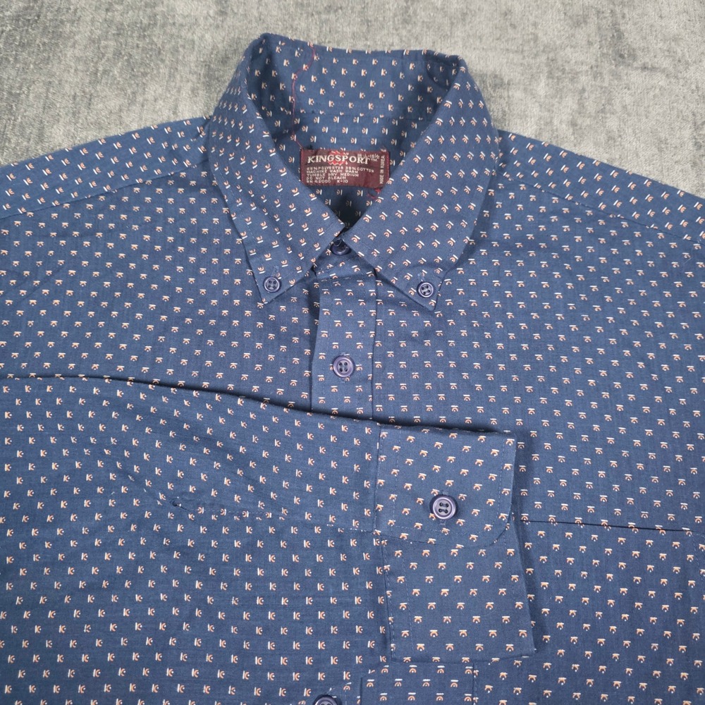 Vtg 70s 80s Kingsport Mens Large Blue Geometric Micro Print Button Down Shirt